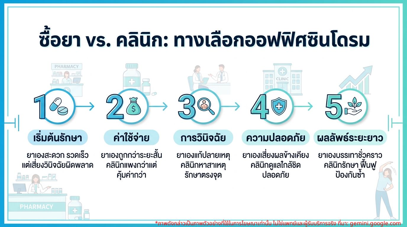 อินโฟกราฟิกเปรียบเทียบข้อดีข้อเสียระหว่างการซื้อยากินเองกับการรักษาออฟฟิศซินโดรมที่คลินิก