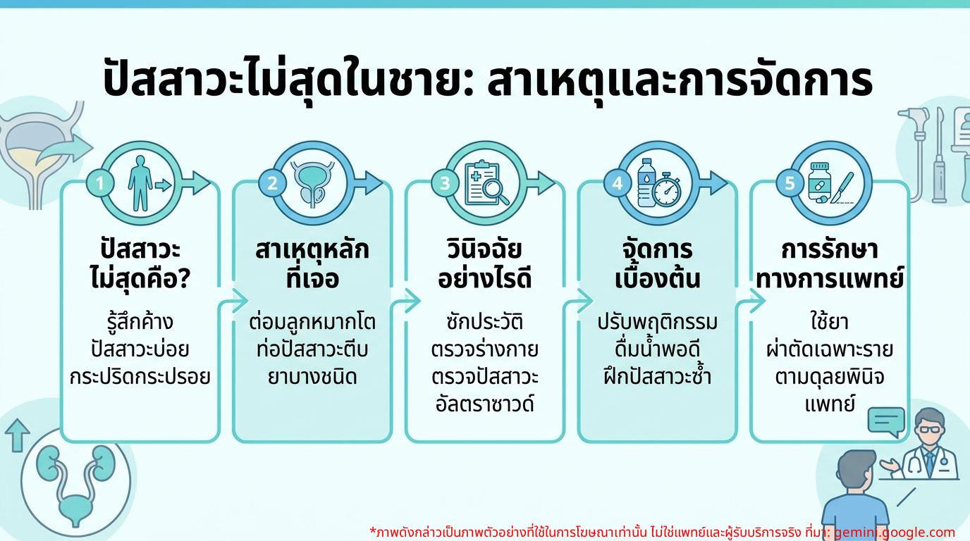 อินโฟกราฟิกสาเหตุและวิธีจัดการปัญหาปัสสาวะไม่สุดในผู้ชาย