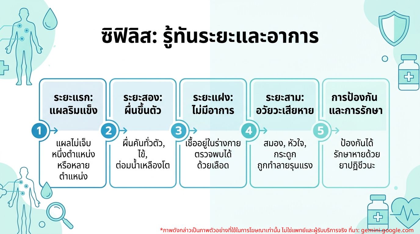 อินโฟกราฟิกแสดงระยะของโรคซิฟิลิสและอาการ