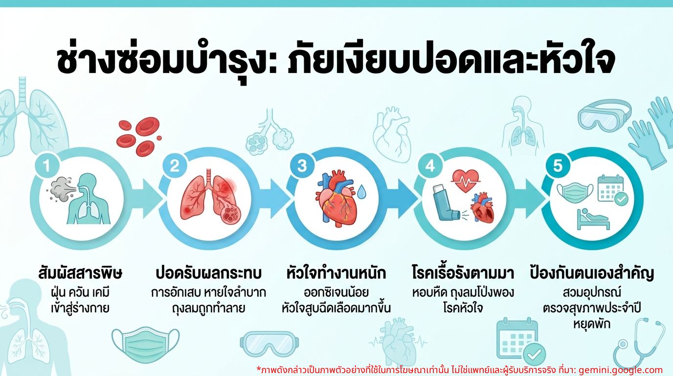 อินโฟกราฟิกแสดงผลกระทบของงานช่างซ่อมบำรุงต่อสุขภาพปอดและหัวใจ