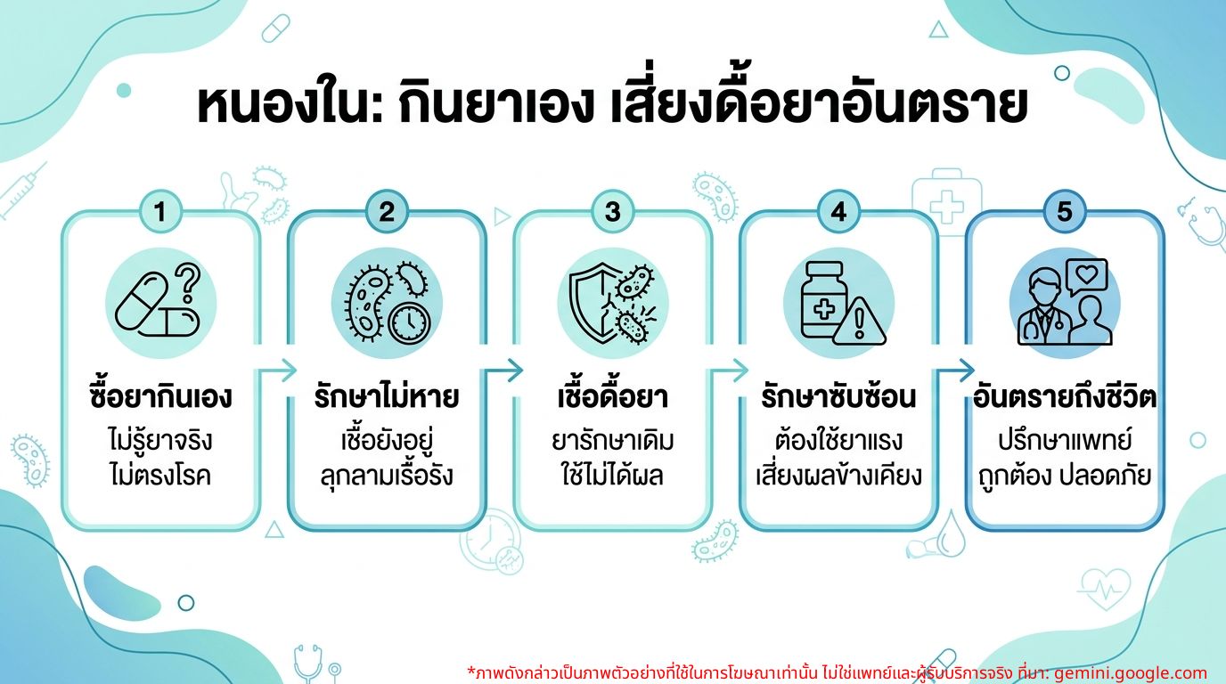 อินโฟกราฟิกแสดงผลเสียของการซื้อยาหนองในกินเองและการดื้อยาของเชื้อ