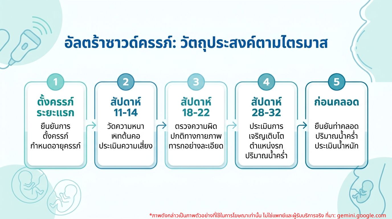 อินโฟกราฟิกแสดงวัตถุประสงค์การตรวจอัลตร้าซาวด์แต่ละช่วงอายุครรภ์