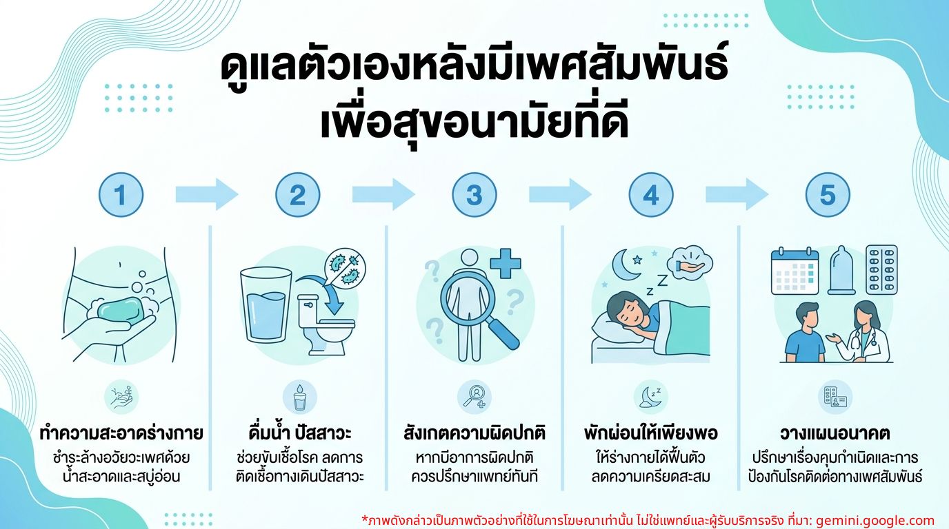 อินโฟกราฟิกแนะนำการดูแลหลังมีเพศสัมพันธ์สำหรับผู้ชายและผู้หญิงเพื่อสุขภาพที่ดี