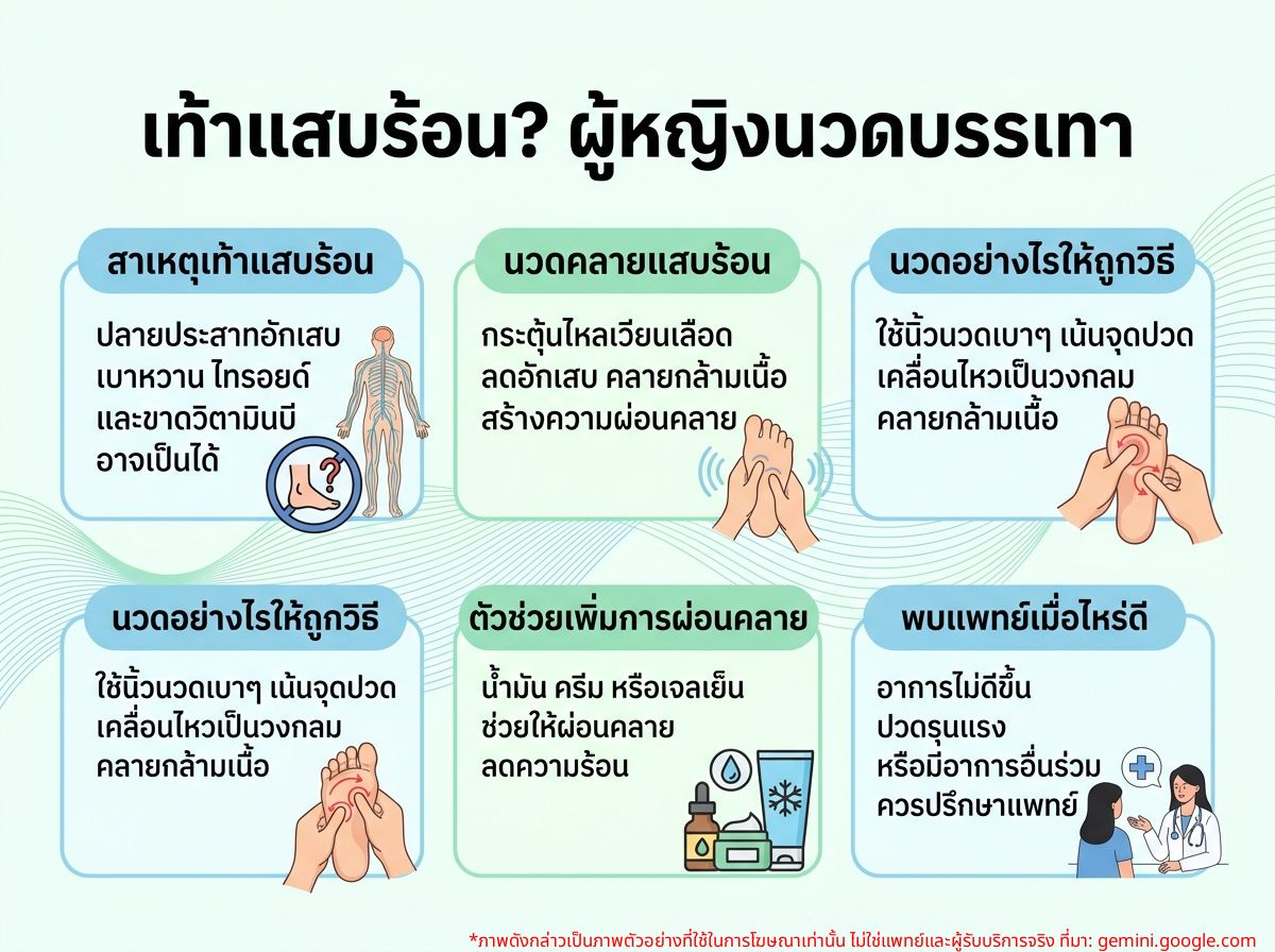 ผู้หญิงกำลังนวดเท้าที่มีอาการแสบร้อน