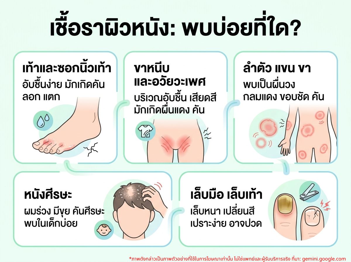บริเวณที่พบเชื้อราที่ผิวหนัง