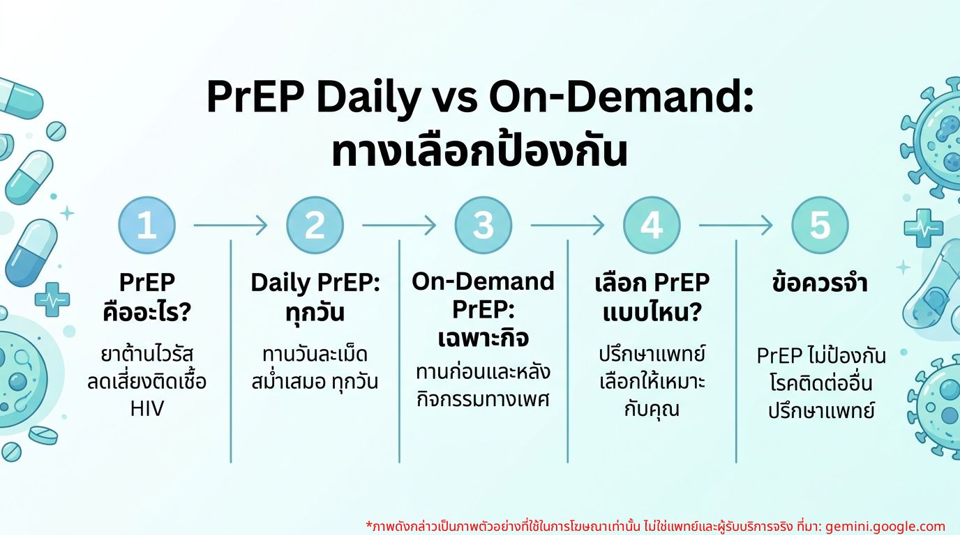 Infographic เปรียบเทียบ PrEP แบบ Daily และ On-Demand และคำแนะนำสำหรับกลุ่มต่างๆ