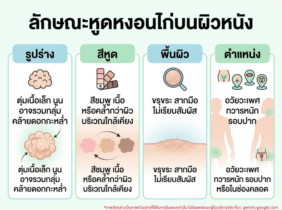 ภาพประกอบแสดงลักษณะของหูดหงอนไก่บนผิวหนัง