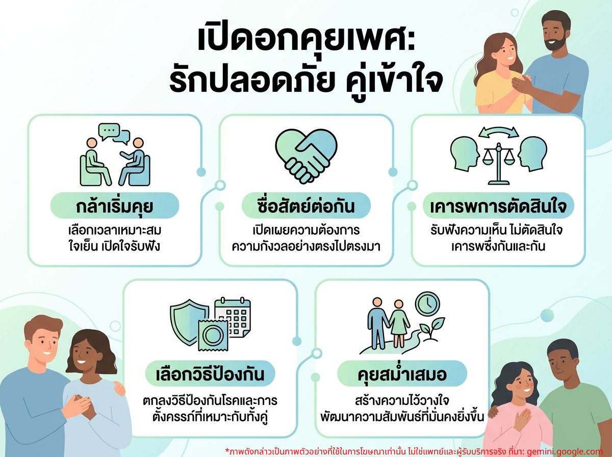 คู่รักกำลังพูดคุยกันอย่างเปิดอกถึงเรื่องเพศสัมพันธ์อย่างปลอดภัย