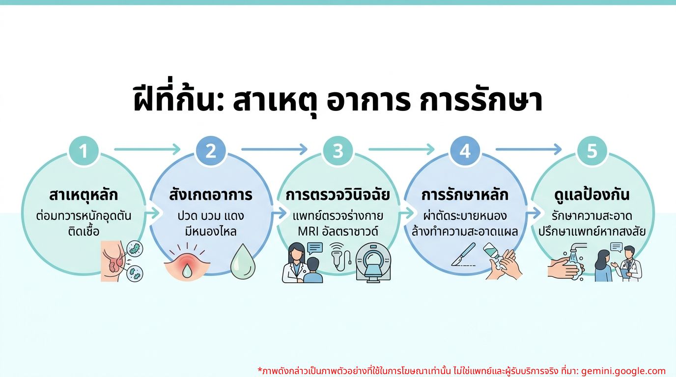 อินโฟกราฟิกแสดงสาเหตุ อาการ และการรักษาฝีที่ก้น