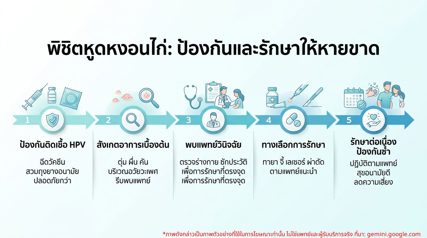 อินโฟกราฟิกแสดงวิธีการป้องกันและรักษาหูดหงอนไก่ให้หายขาด