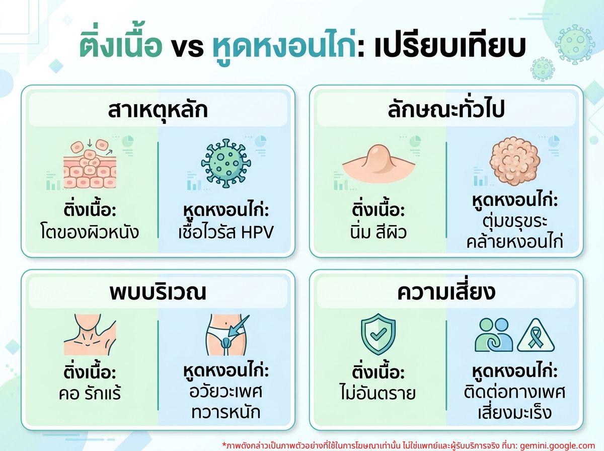 ภาพประกอบแสดงติ่งเนื้อธรรมดาและหูดหงอนไก่เพื่อเปรียบเทียบ