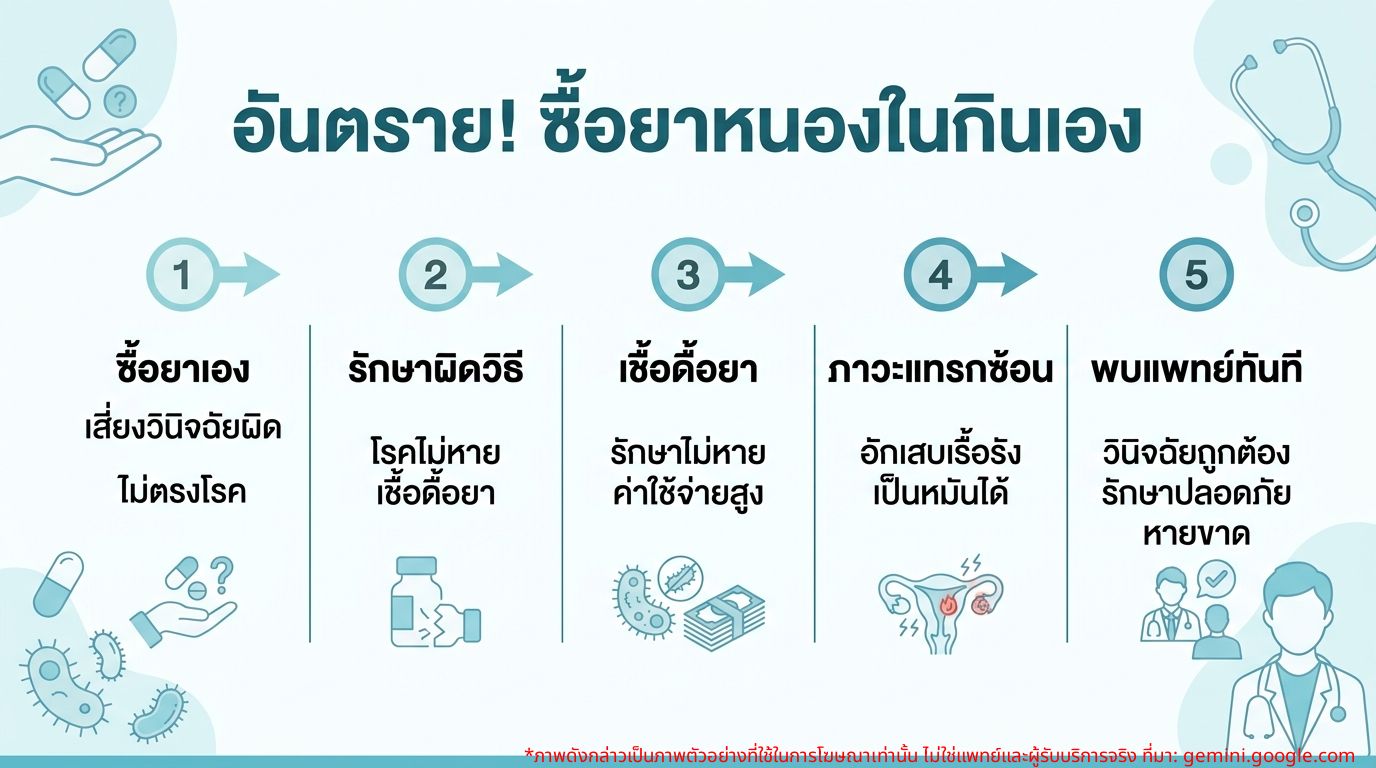 ภาพอินโฟกราฟิกแสดงอันตรายของการซื้อยาหนองในกินเอง