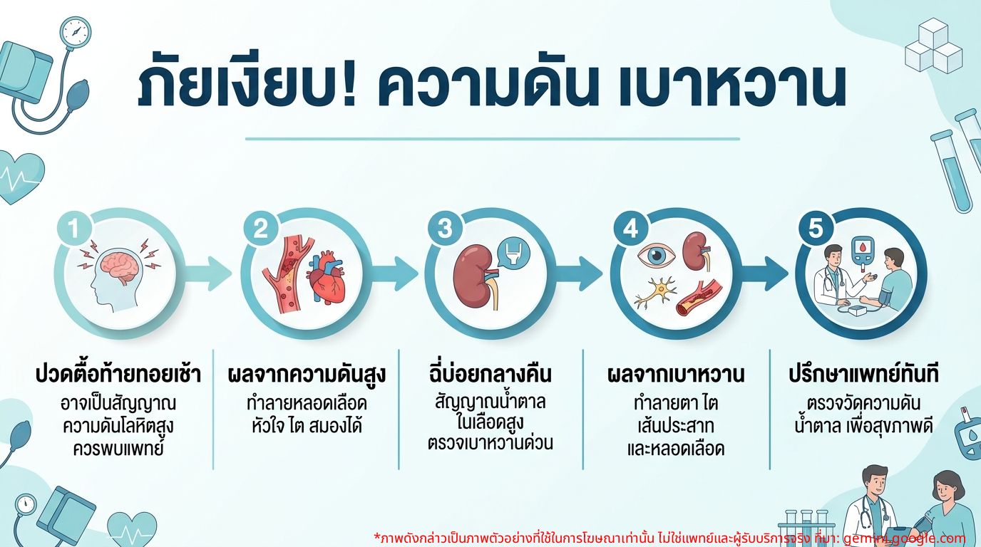 อินโฟกราฟิก สัญญาณอันตราย ความดันโลหิตสูงและเบาหวาน อาการปวดตื้อท้ายทอยตอนเช้าและฉี่บ่อยกลางคืน