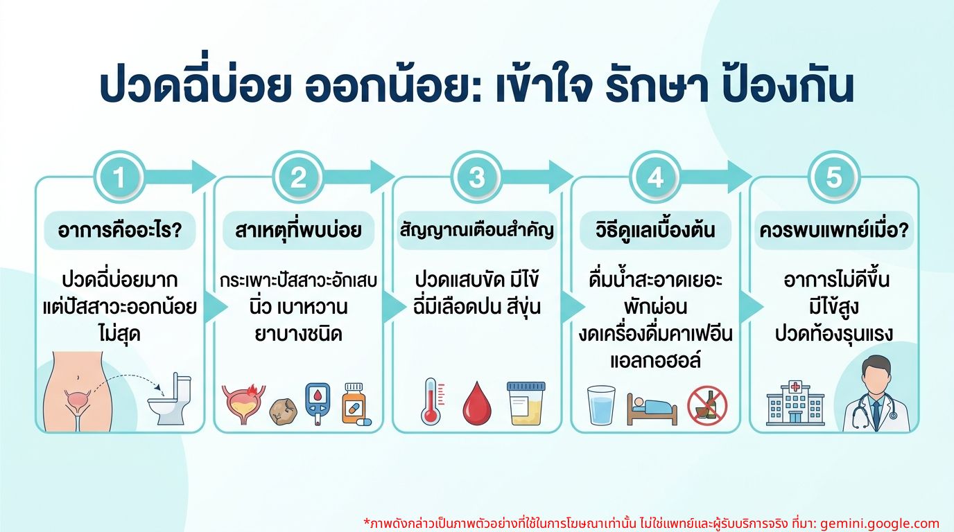 Infographic แสดงสาเหตุและอาการของอาการปวดฉี่บ่อย แต่ออกกะปริบกะปรอย พร้อมคำแนะนำ