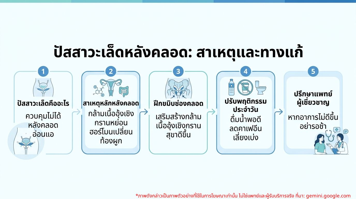 อินโฟกราฟิกสาเหตุและวิธีแก้ปัสสาวะเล็ดหลังคลอด