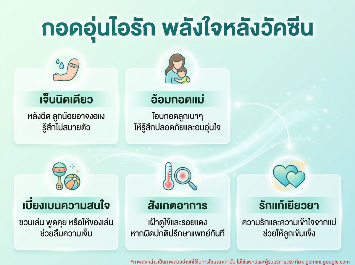 คุณแม่กำลังกอดปลอบลูกน้อยที่งอแงหลังฉีดวัคซีน