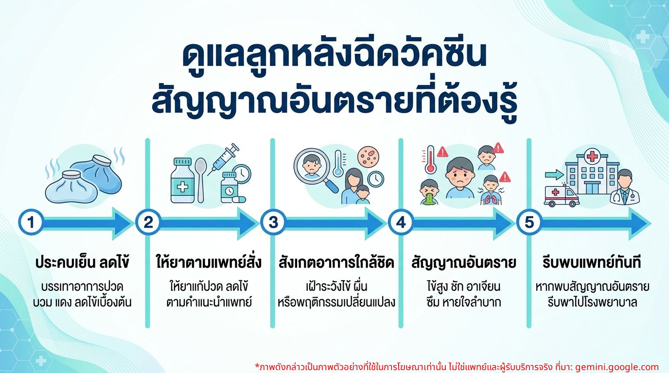อินโฟกราฟิกแสดงวิธีการดูแลลูกน้อยหลังฉีดวัคซีนและสัญญาณอันตรายที่ควรระวัง