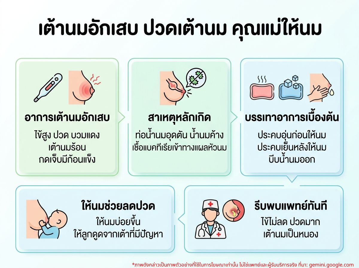 คุณแม่กำลังให้นมลูกที่มีอาการเต้านมอักเสบ ปวดเต้านม