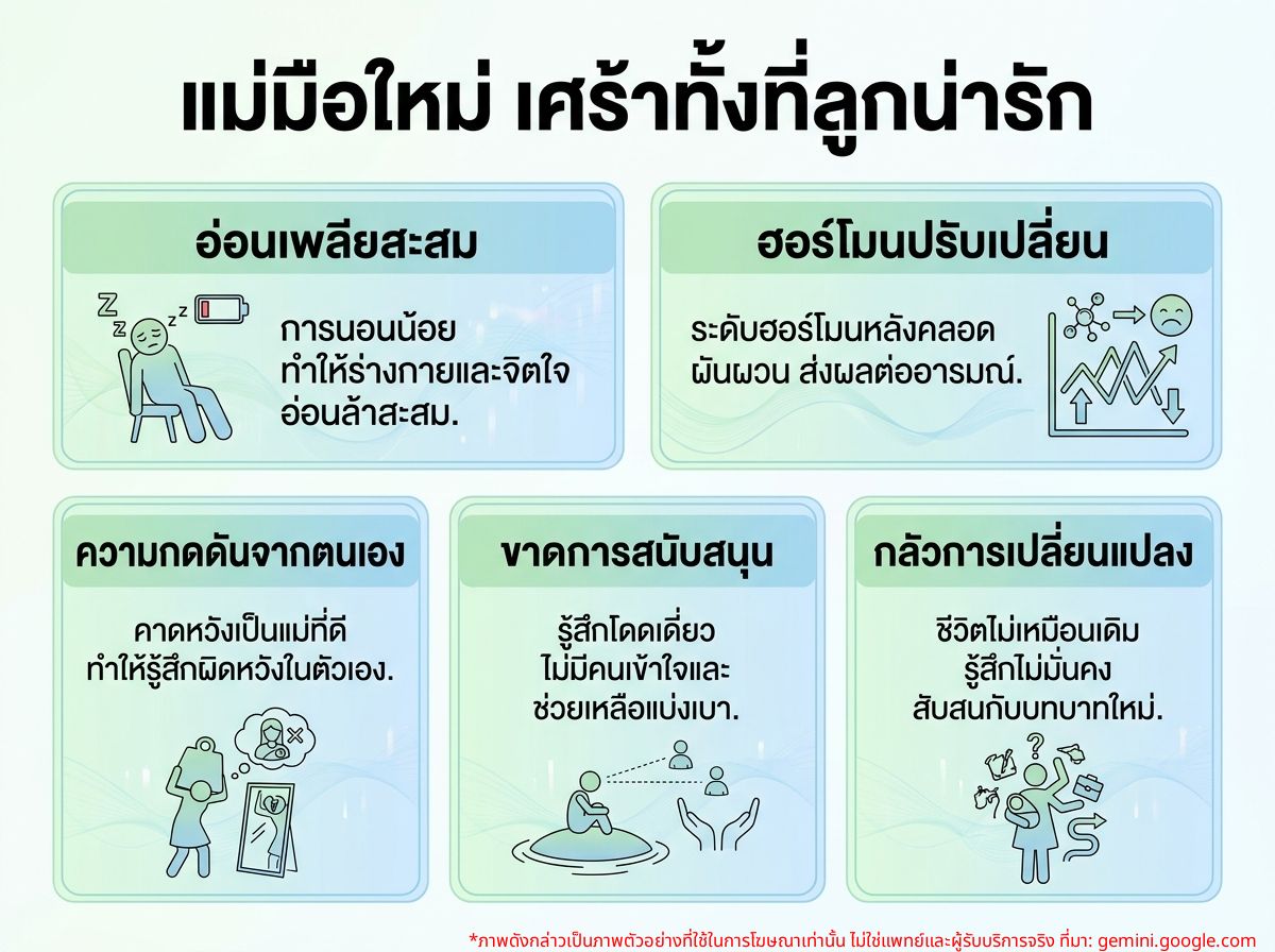 แม่มือใหม่นั่งเศร้า ก้มหน้าและร้องไห้ ถึงแม้ลูกน้อยจะน่ารัก