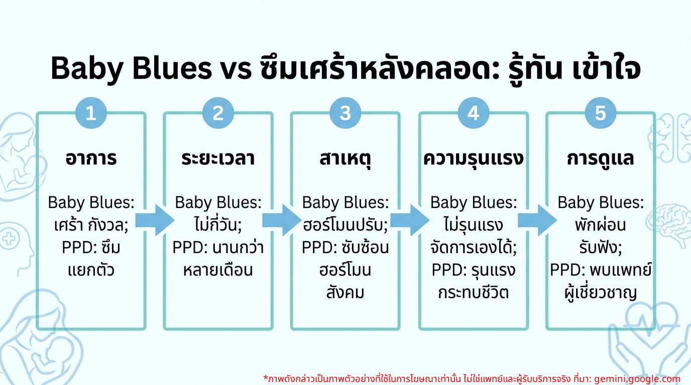 อินโฟกราฟิกเปรียบเทียบอาการ สาเหตุ และระยะเวลาของ Baby Blues และภาวะซึมเศร้าหลังคลอด