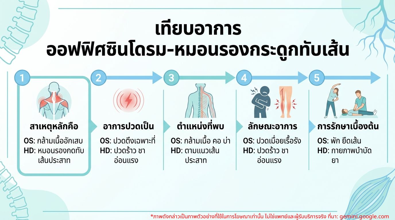 อินโฟกราฟิกเปรียบเทียบอาการออฟฟิศซินโดรมและหมอนรองกระดูกทับเส้นประสาท