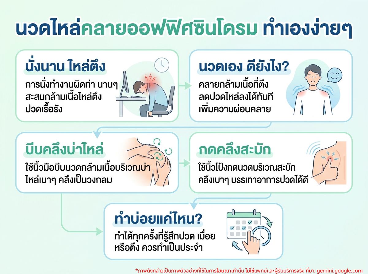 ผู้หญิงนวดไหล่ตนเองจากอาการออฟฟิศซินโดรม