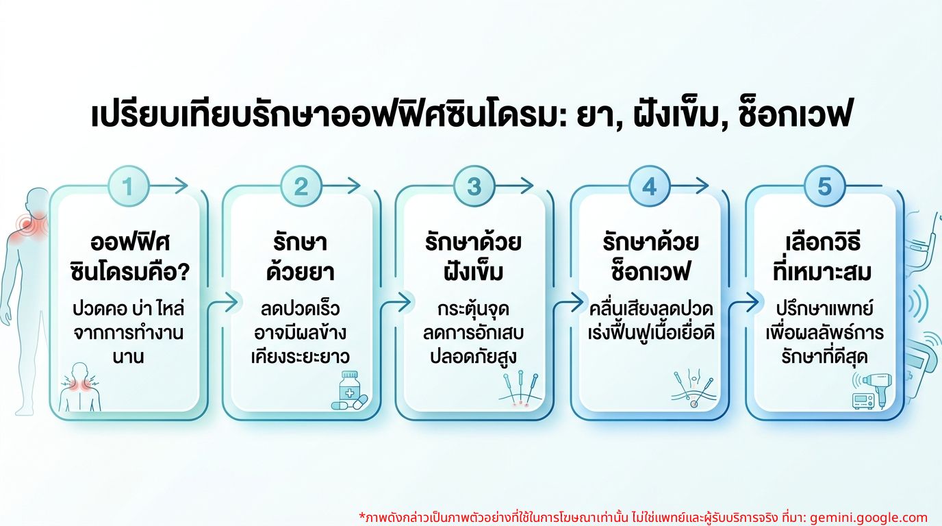 อินโฟกราฟิกเปรียบเทียบการรักษาออฟฟิศซินโดรมด้วยยา, ฝังเข็ม, และช็อกเวฟ