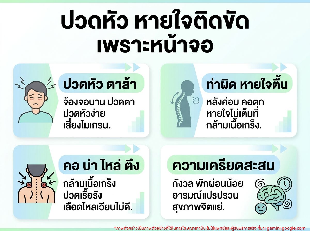 ผู้หญิงรู้สึกปวดหัวและหายใจไม่อิ่มจากการทำงานหน้าคอมพิวเตอร์