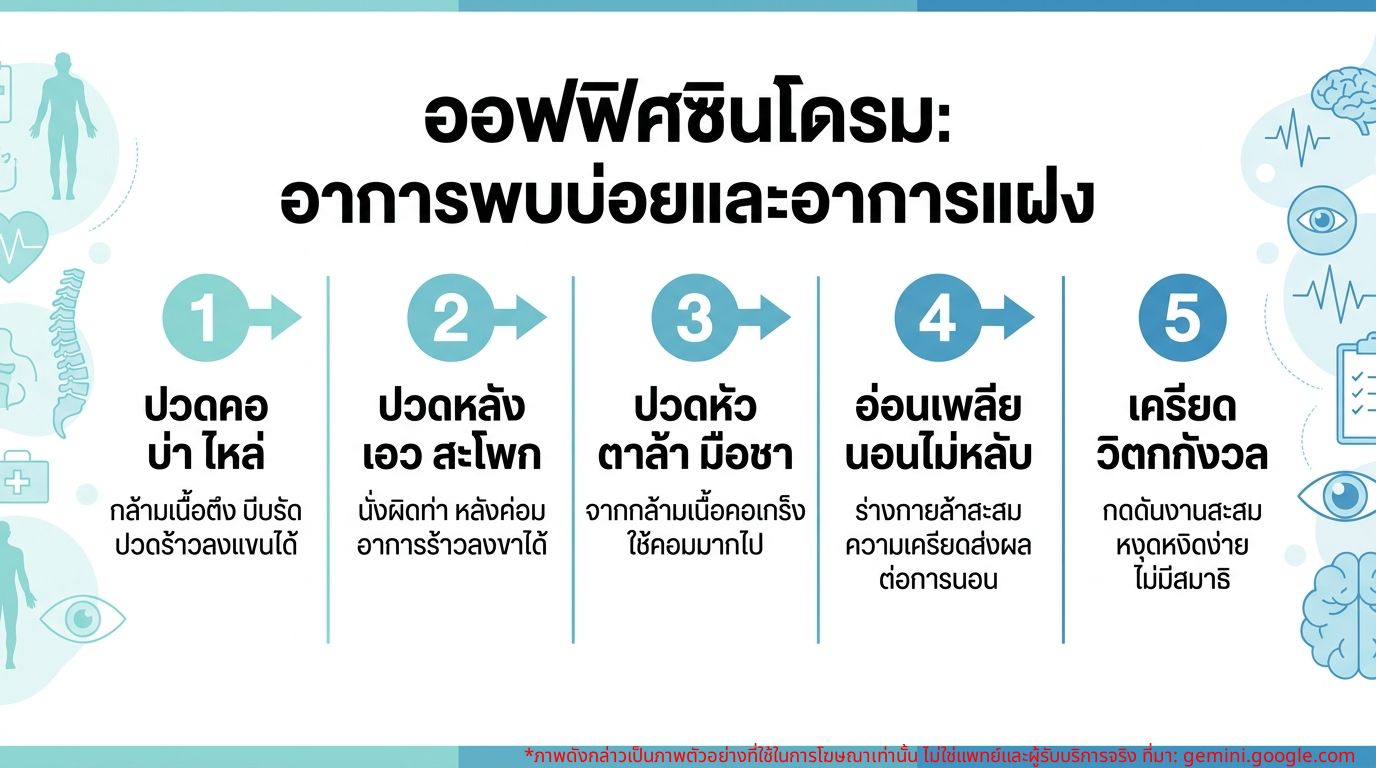 อินโฟกราฟิกแสดงอาการออฟฟิศซินโดรมที่พบบ่อยและอาการแฝง
