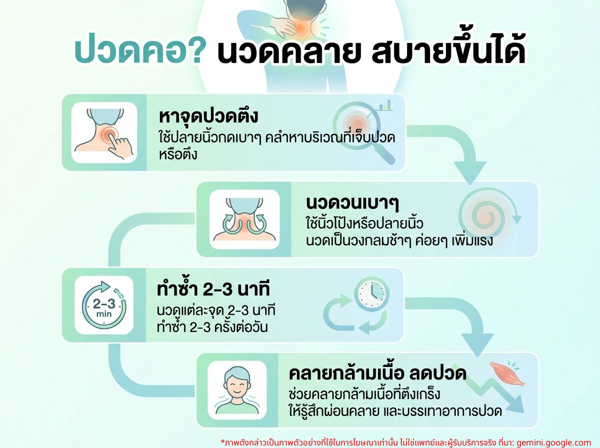 ผู้หญิงกำลังนวดคอตัวเองจากอาการปวด