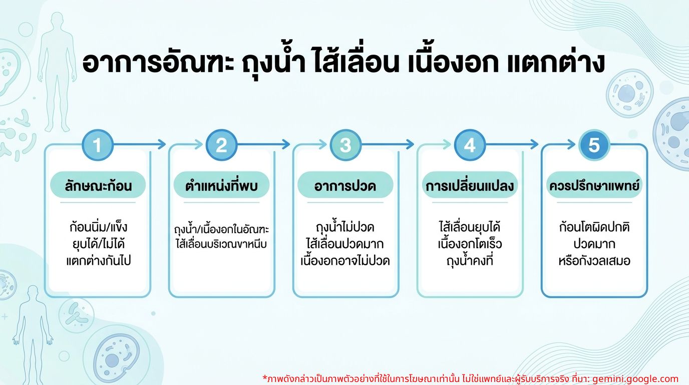 Infographic เปรียบเทียบอาการถุงน้ำ ไส้เลื่อน และเนื้องอกอัณฑะ