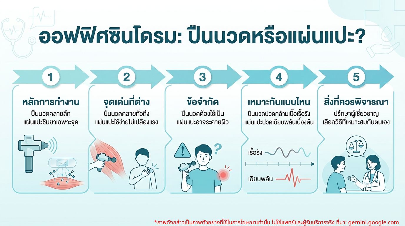 อินโฟกราฟิกเปรียบเทียบปืนนวดและแผ่นแปะแก้ปวดสำหรับออฟฟิศซินโดรม
