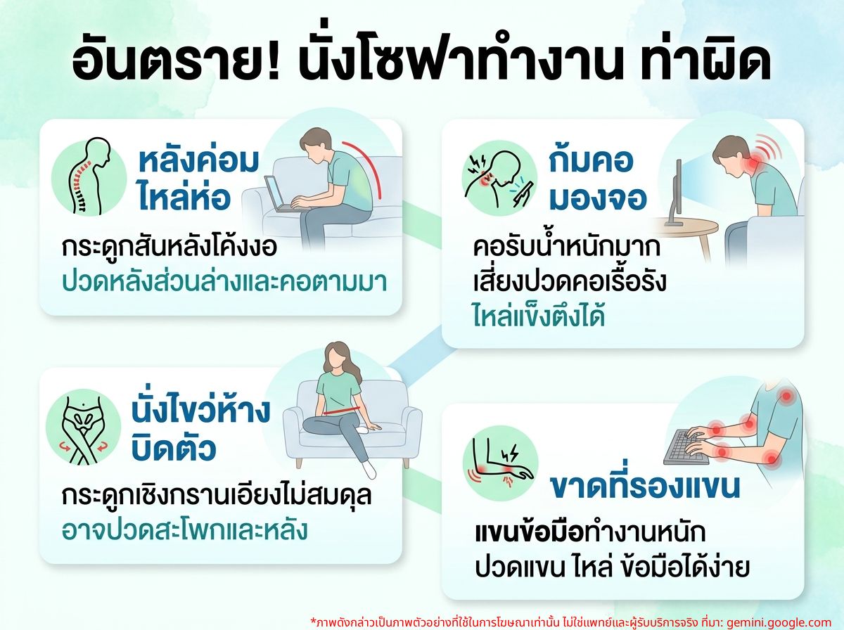 ผู้หญิงกำลังนั่งทำงานบนโซฟาในท่าที่ไม่ถูกต้อง