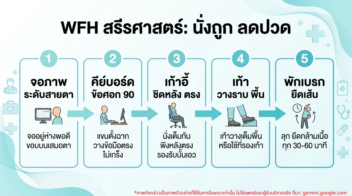 อินโฟกราฟิกแสดงท่าทางการนั่งทำงาน WFH ที่ถูกหลักสรีรศาสตร์