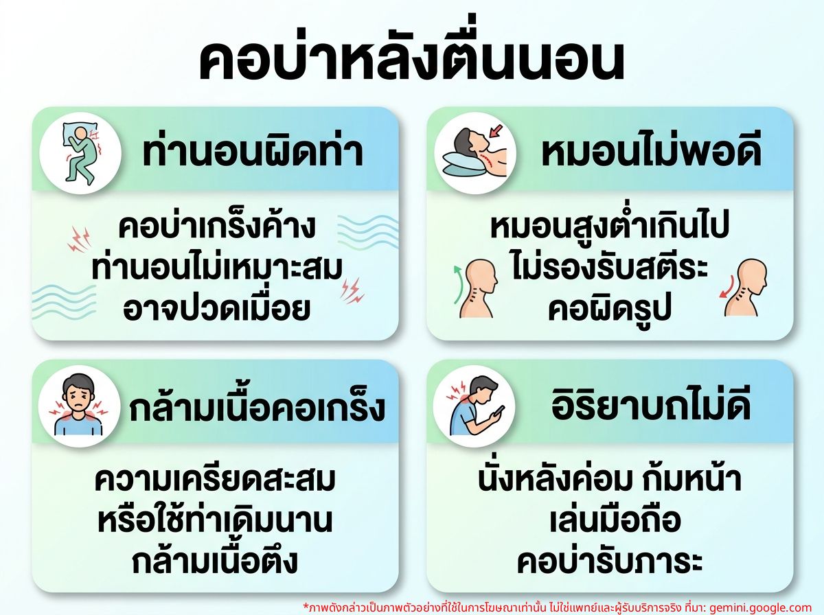 ผู้หญิงจับคอและบ่าหลังตื่นนอน