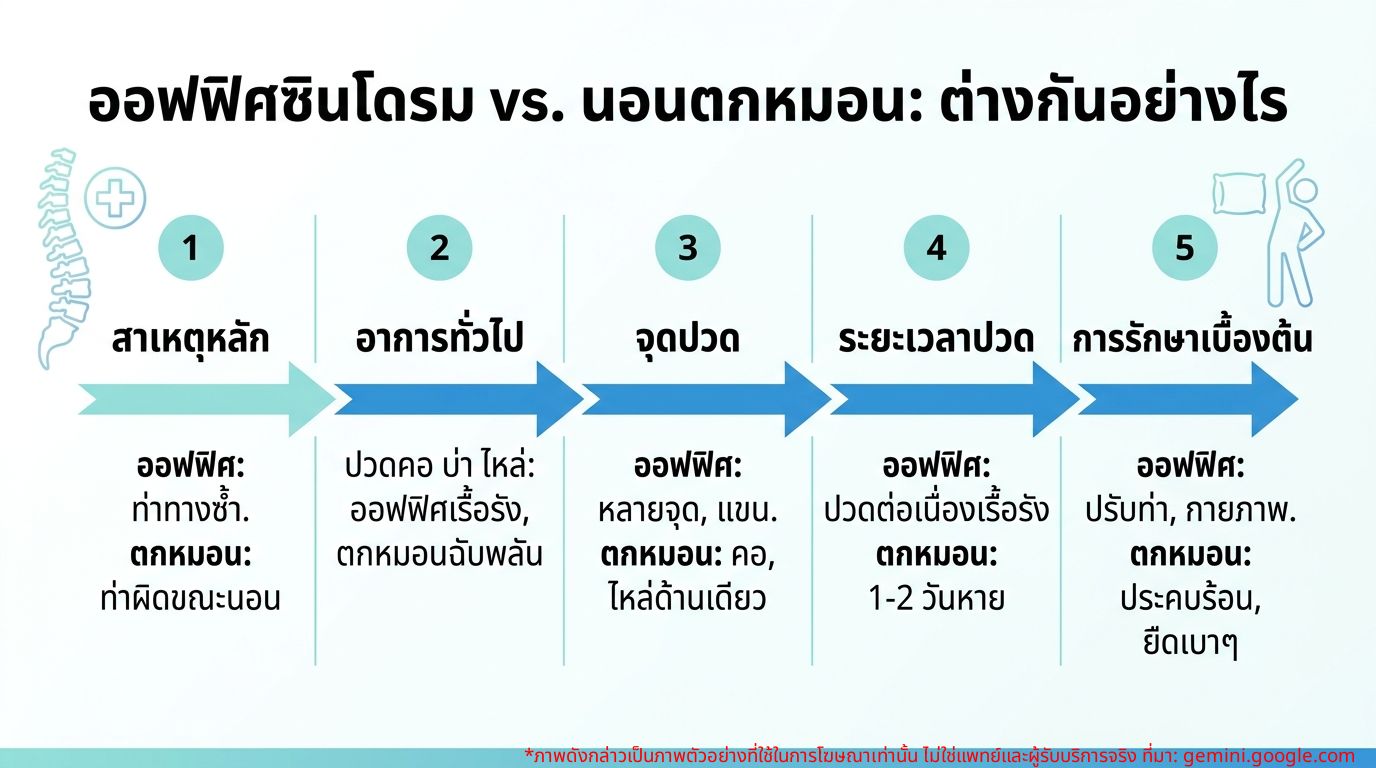 อินโฟกราฟิกเปรียบเทียบอาการและสาเหตุออฟฟิศซินโดรมกับนอนตกหมอน