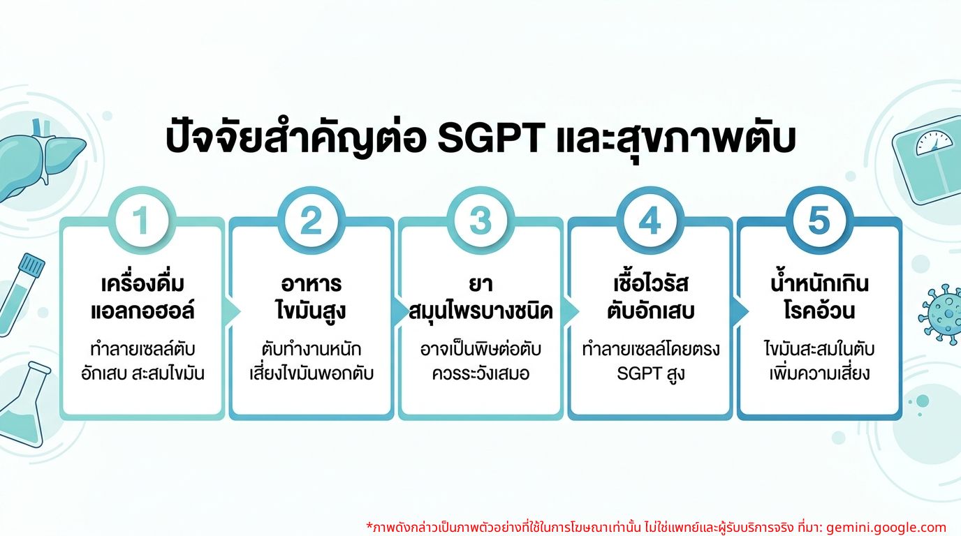 อินโฟกราฟิกแสดงปัจจัยที่ส่งผลต่อค่า SGPT และสุขภาพตับ