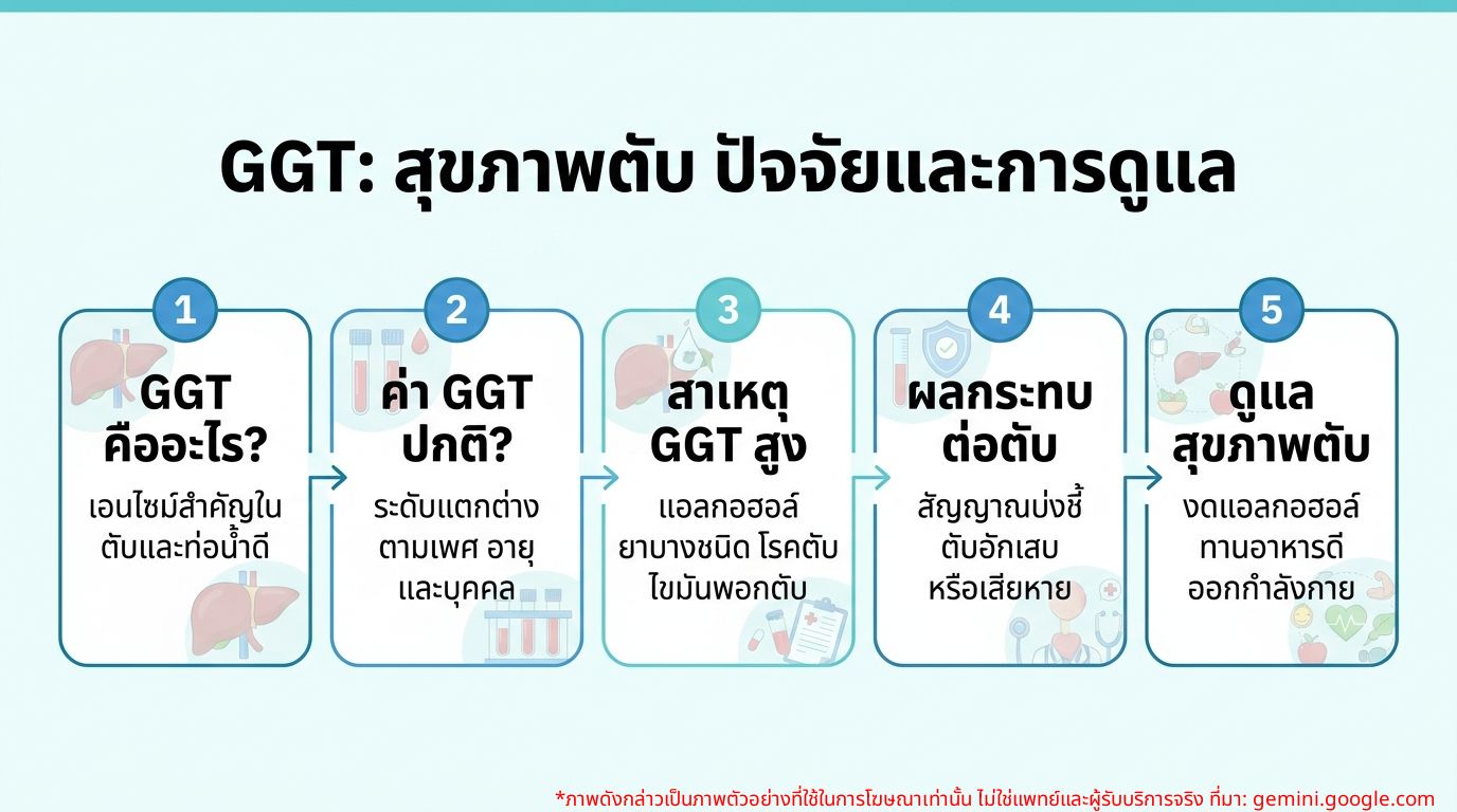 อินโฟกราฟิกแสดงค่า GGT ที่บ่งบอกถึงสุขภาพตับและปัจจัยที่เกี่ยวข้อง