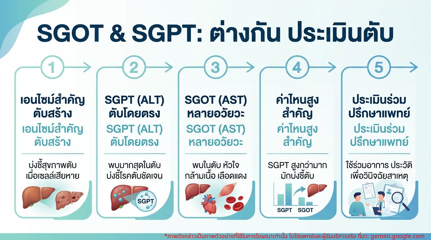 Infographic อธิบายความแตกต่างของ SGOT (AST) และ SGPT (ALT) ในการประเมินสุขภาพตับ