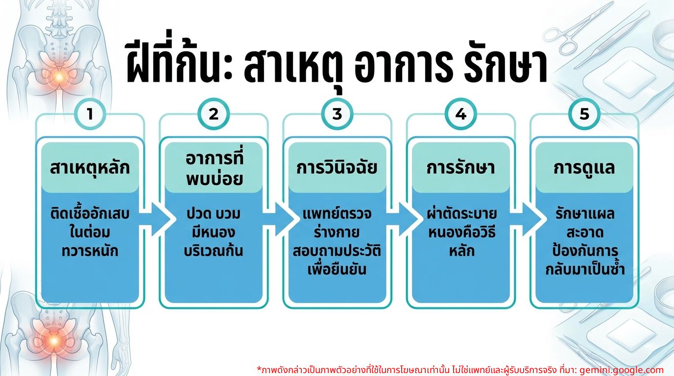 อินโฟกราฟิกแสดงสาเหตุ อาการ และการรักษาฝีที่ก้น