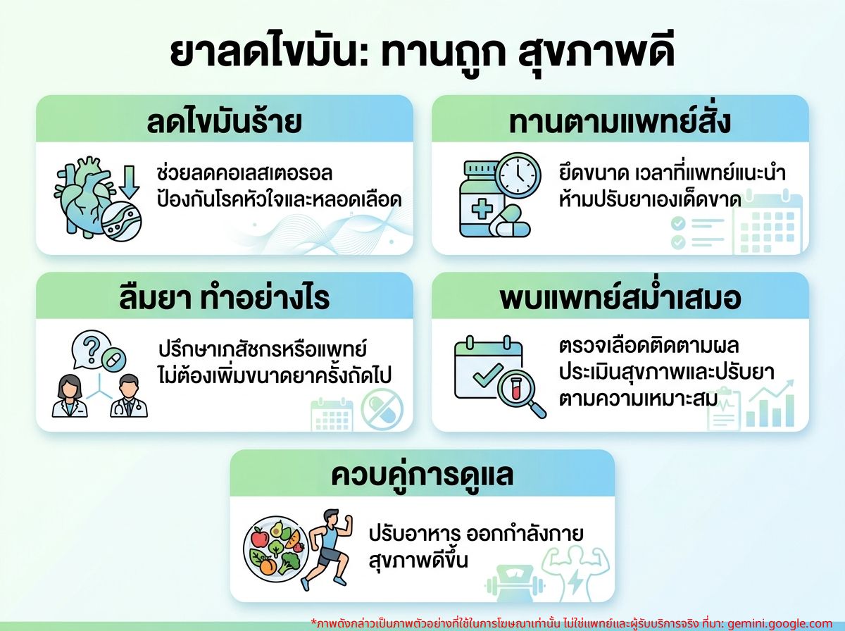 ผู้ป่วยกำลังรับประทานยาลดไขมันเม็ดเล็กๆ ตามคำแนะนำของแพทย์