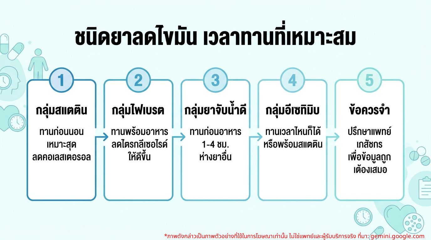 อินโฟกราฟิกแนะนำประเภทและเวลาที่เหมาะสมในการรับประทานยาลดไขมันชนิดต่างๆ