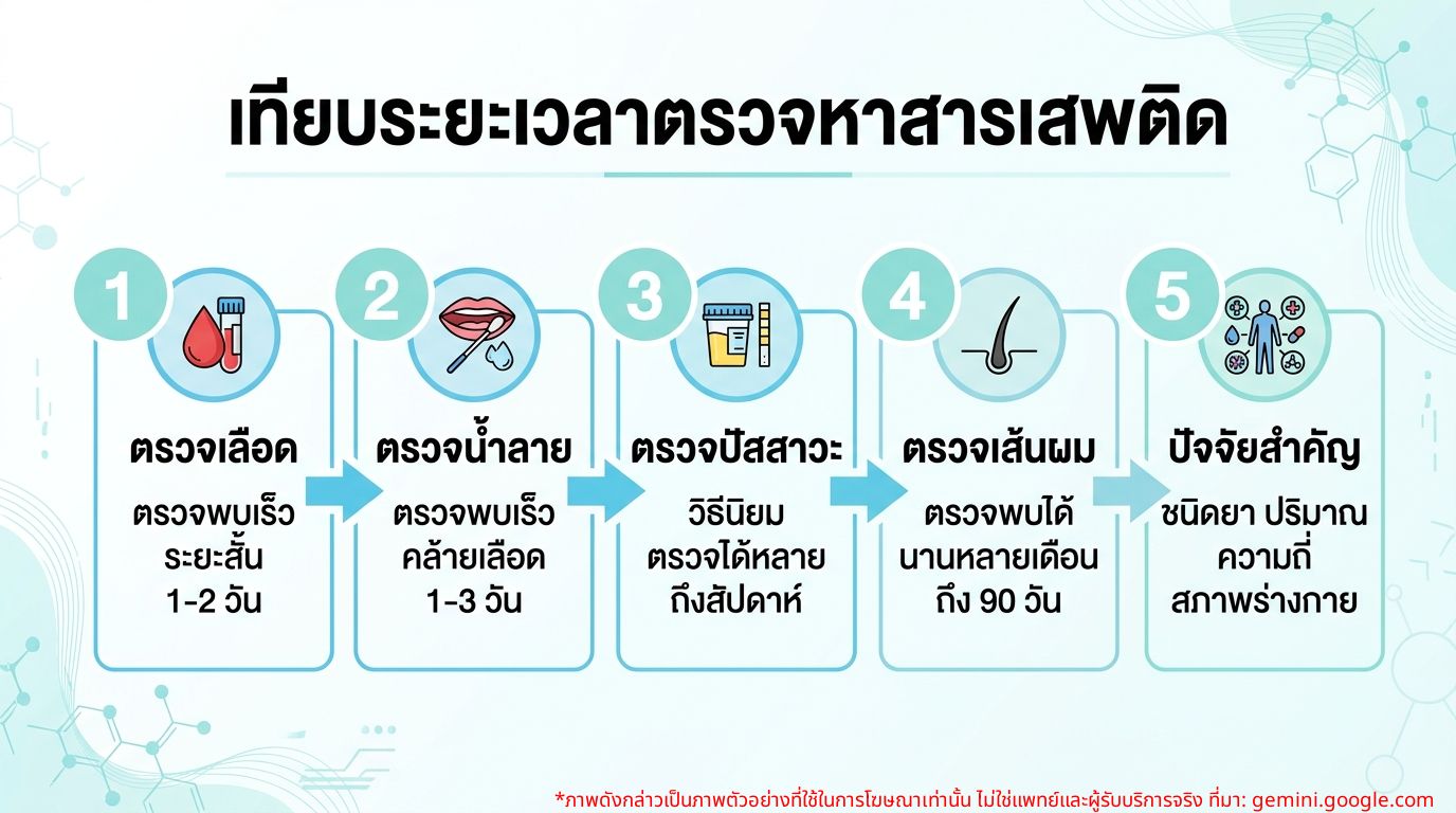 อินโฟกราฟิกเปรียบเทียบระยะเวลาตรวจหาสารเสพติดในเลือดกับวิธีอื่นๆ