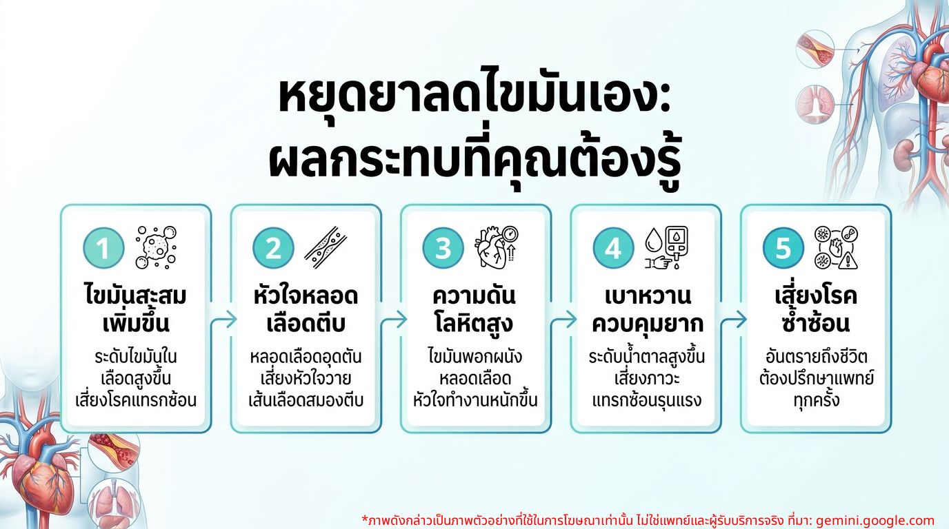 อินโฟกราฟิกแสดงผลกระทบของการหยุดยาลดไขมันเองโดยไม่ปรึกษาแพทย์