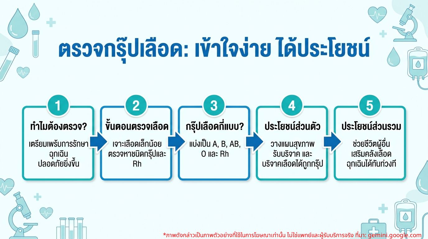 อินโฟกราฟิกแสดงขั้นตอนและประโยชน์ของการตรวจกรุ๊ปเลือด