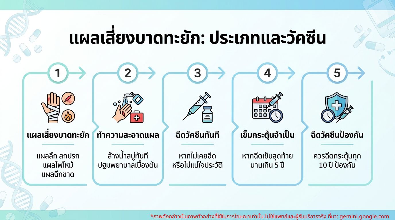 อินโฟกราฟิกแสดงประเภทของแผลเสี่ยงบาดทะยักและระยะเวลาฉีดวัคซีน