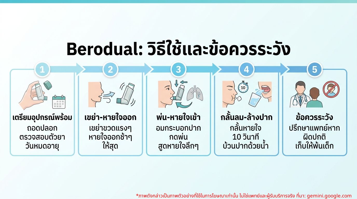 อินโฟกราฟิกแสดงวิธีการใช้ยาพ่น Berodual อย่างถูกวิธีและข้อควรระวัง