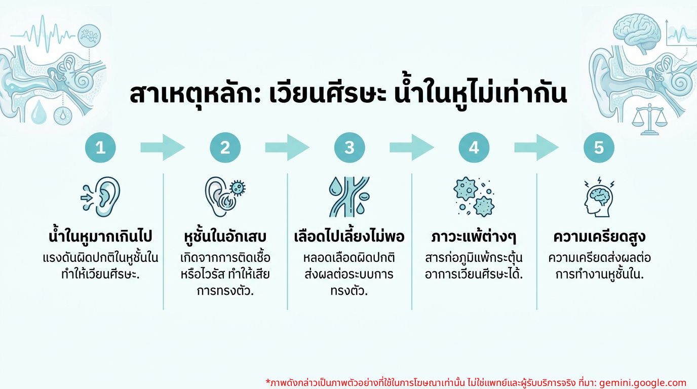 ภาพอินโฟกราฟิกแสดงสาเหตุหลักของอาการเวียนศีรษะและน้ำในหูไม่เท่ากัน
