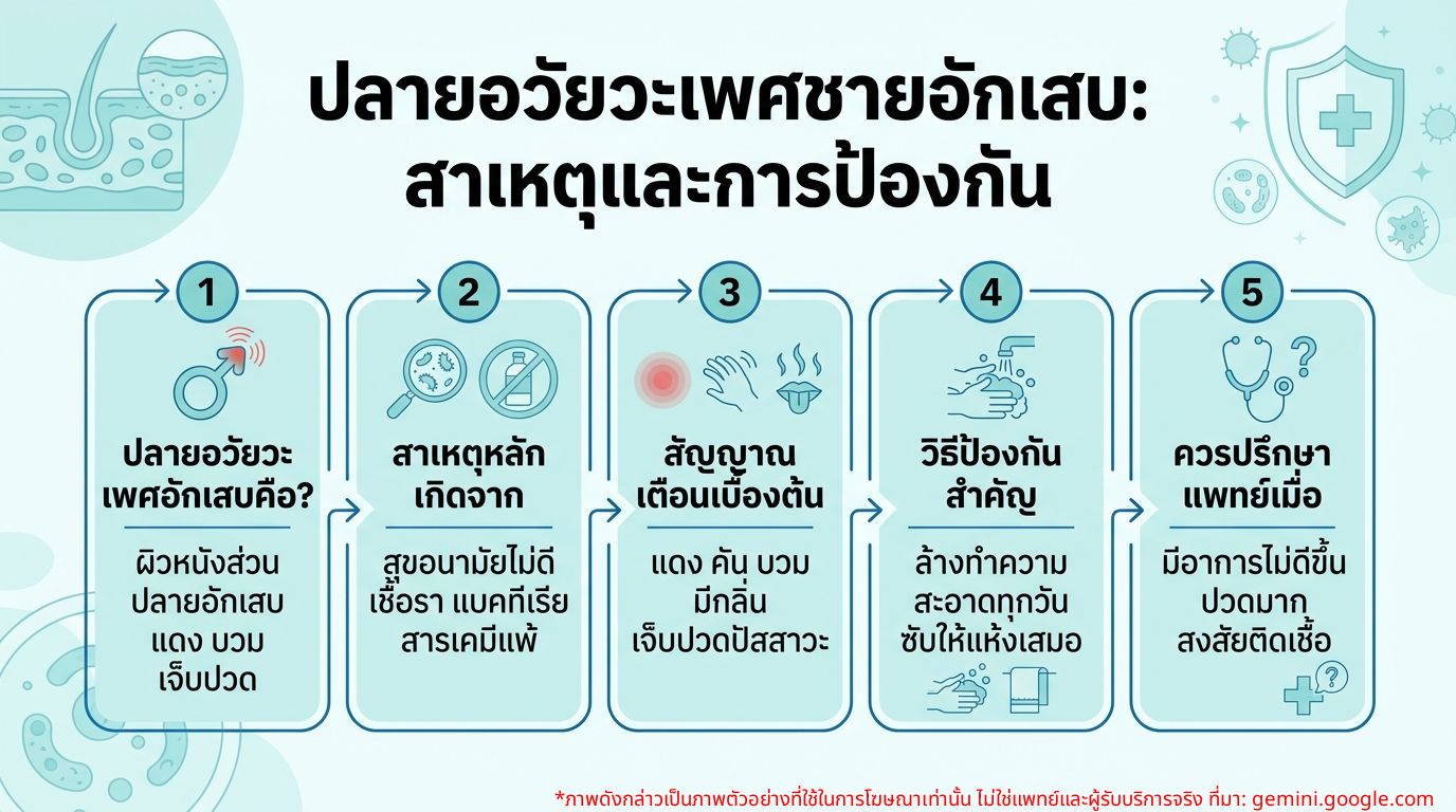 อินโฟกราฟิกแสดงสาเหตุและวิธีป้องกันปลายอวัยวะเพศชายอักเสบ