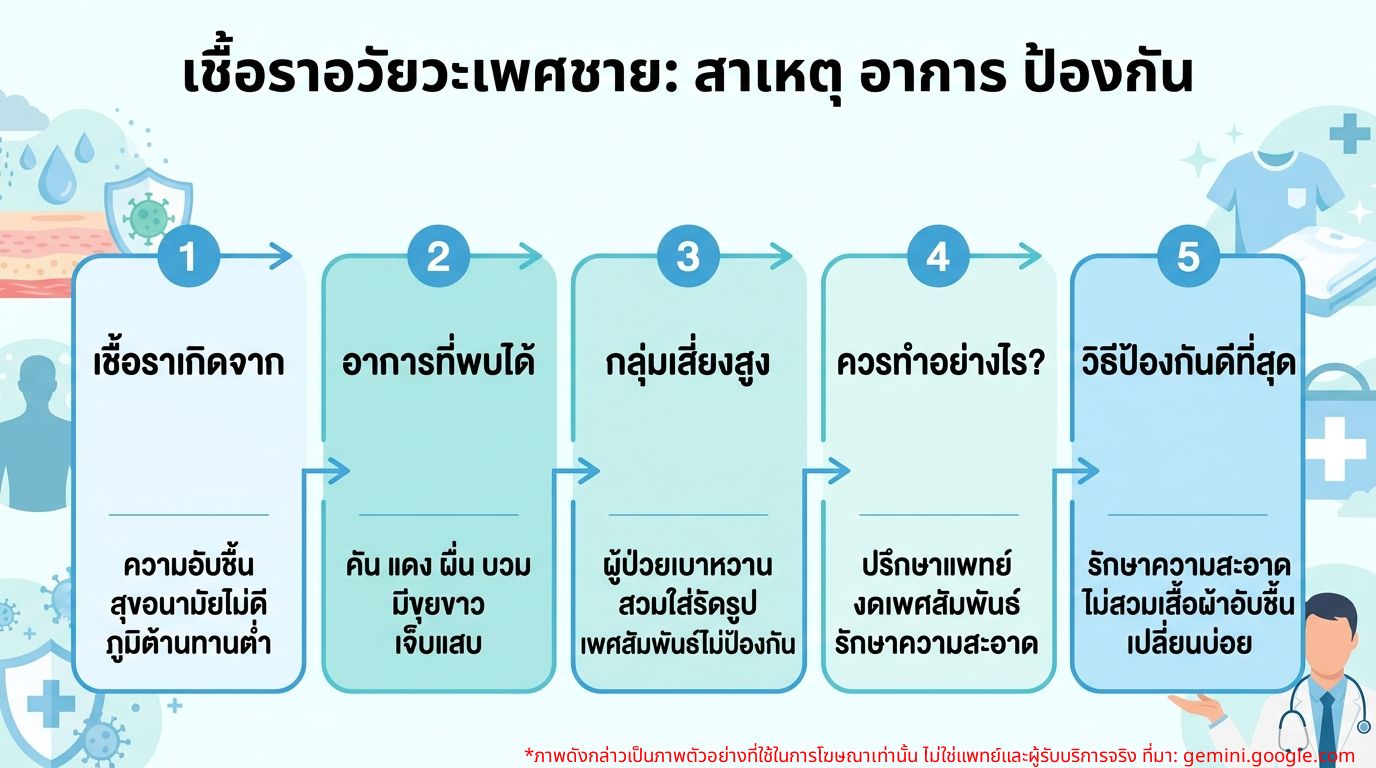 อินโฟกราฟิกสาเหตุและอาการของเชื้อราที่อวัยวะเพศชายและวิธีป้องกัน